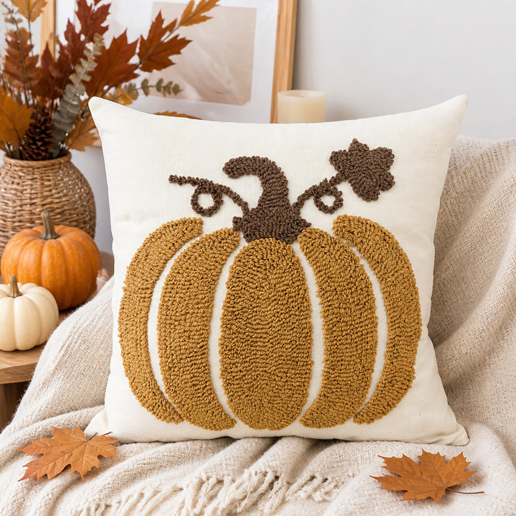 Embroidered Pumpkin Pillow Cover | Textured Autumn Cushion Case in Eight Designs for Cozy Sofas, Bedrooms and Fall Decor