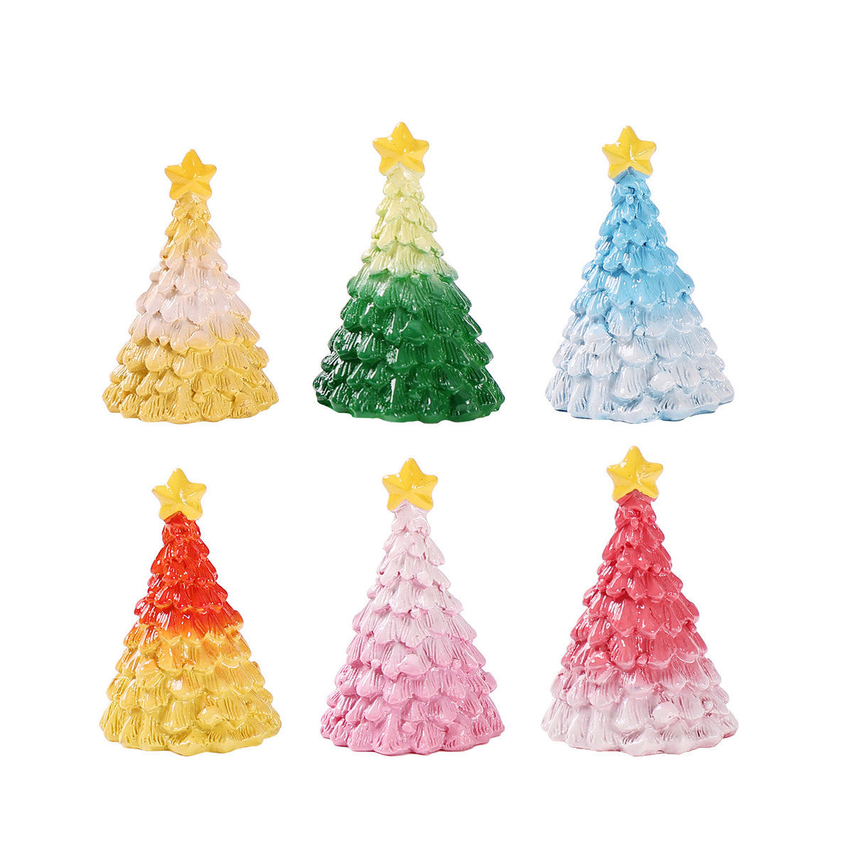 Colorful Mini Christmas Tree Ornament Set of 6, Rainbow Holiday Accents for Desk Displays and Festive Miniature Scenes