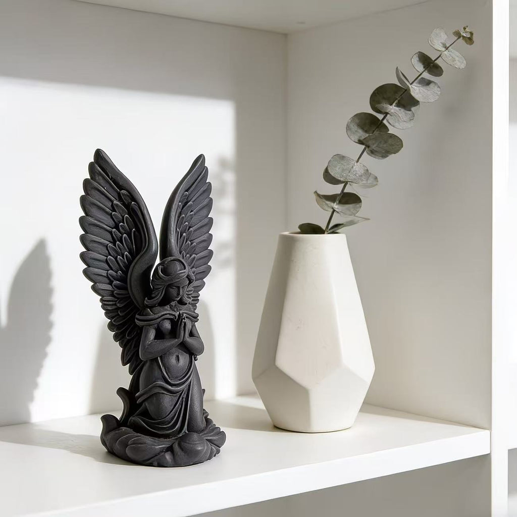 Praying Angel Desk Figurine, Cherub Sculpture in White or Black for Shelves, Workspaces and Thoughtful Gifts