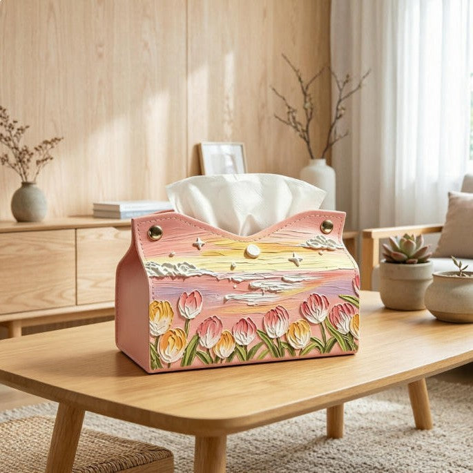 Botanical Print Tissue Box Cover, Soft Floral and Coastal Pattern Tissue Holder for Living Rooms, Bedrooms and Thoughtful Home Decor