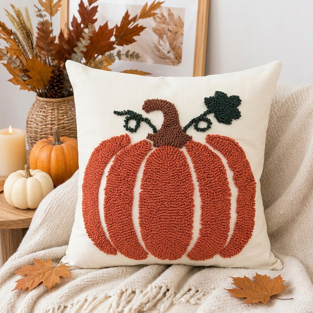 Embroidered Pumpkin Pillow Cover | Textured Autumn Cushion Case in Eight Designs for Cozy Sofas, Bedrooms and Fall Decor