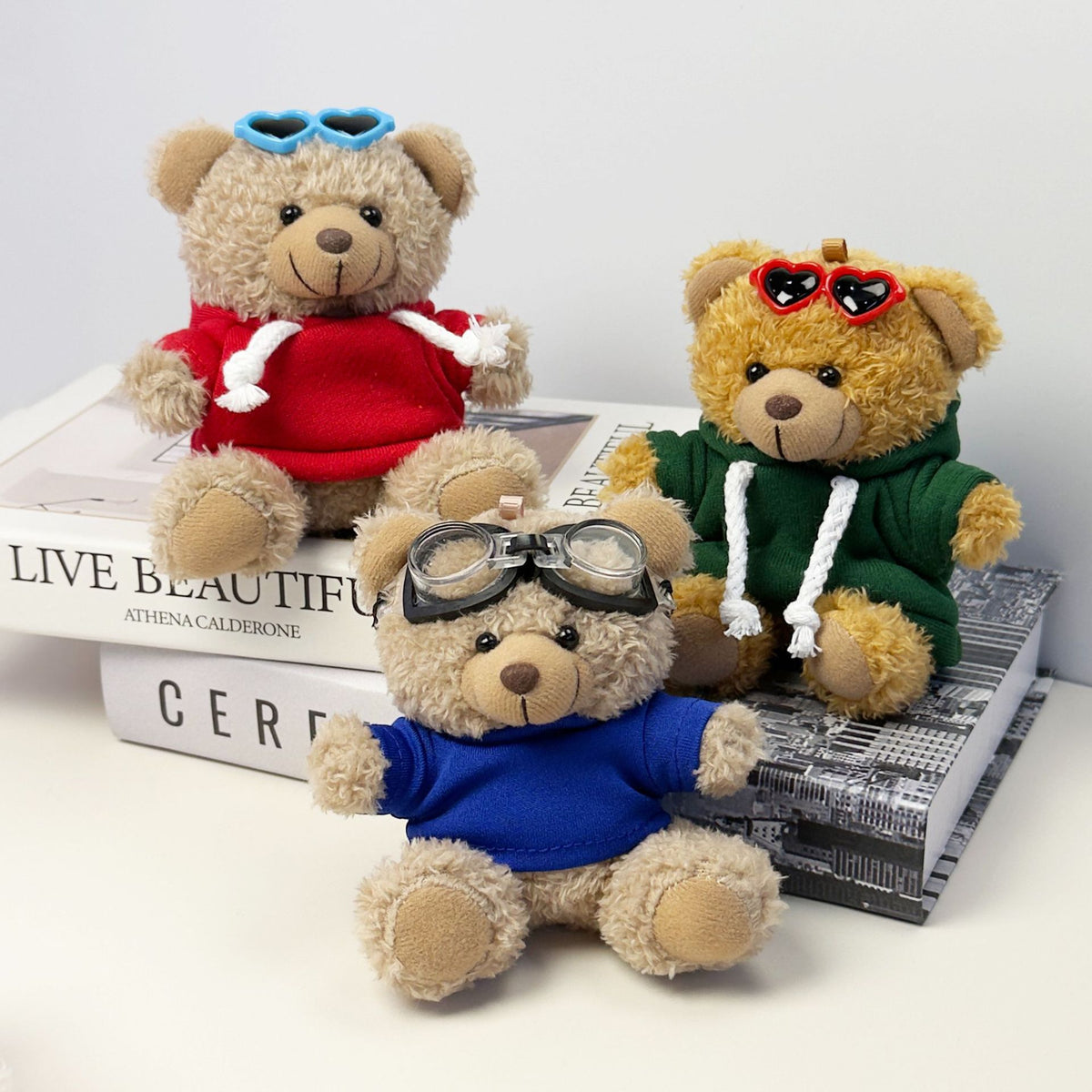 Outfit Teddy Bear Plush Bag Charm, 11 cm Mini Stuffed Bear Keychain in Colorful Sweaters and Shirts