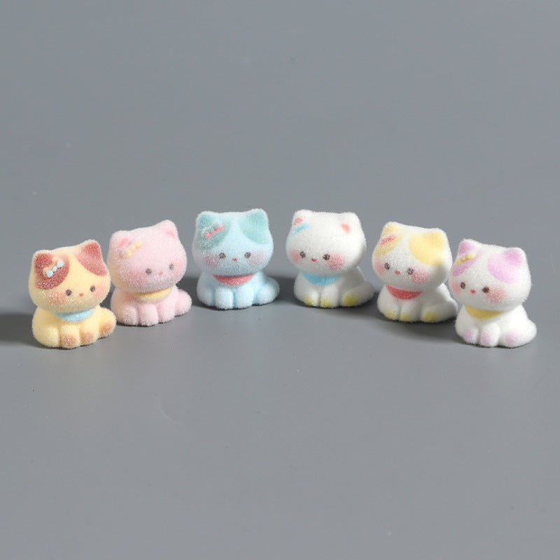 Mini Flocked Cat Figurines Set of 6, Pastel Animal Desk Ornaments for Shelves and Playful Home Decor