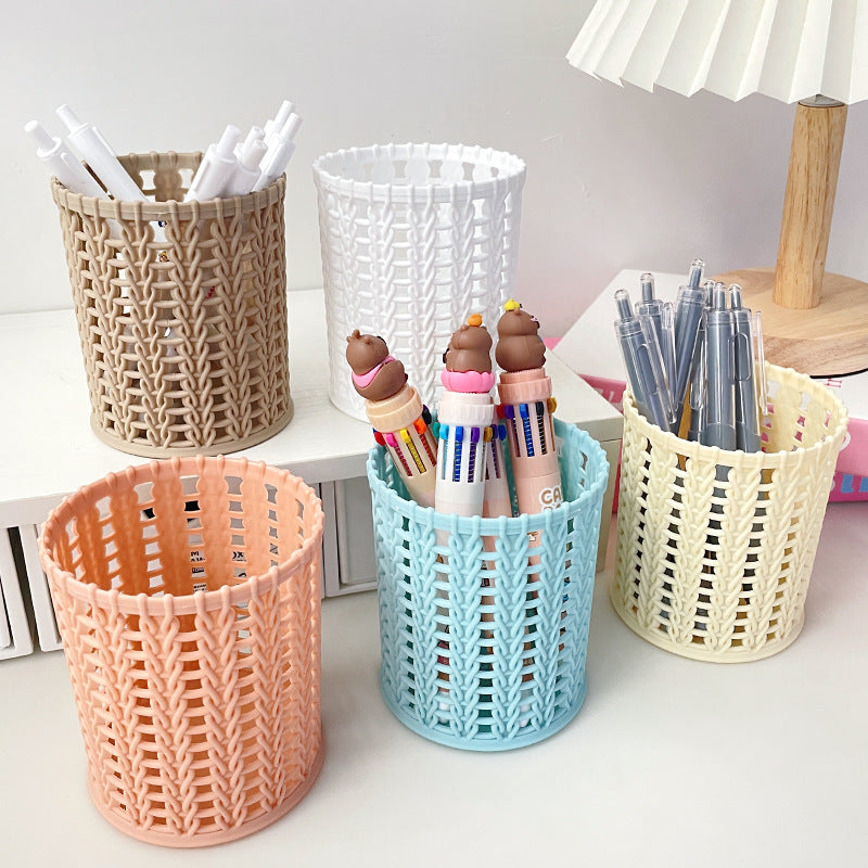 Woven-Look Openwork Pencil Holder, Lightweight Desk Cup in Five Colors for Pens, Markers and Cozy Workspace Decor