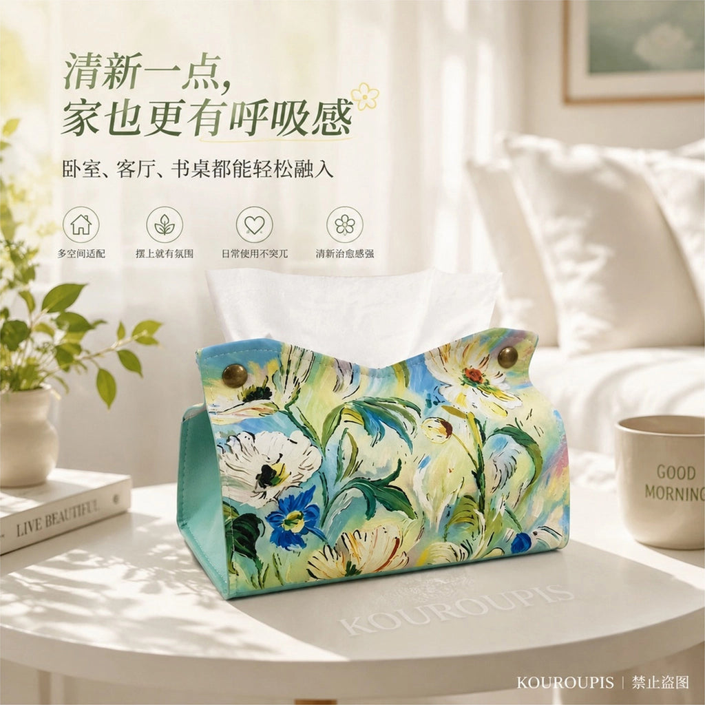 Botanical Print Tissue Box Cover, Soft Floral and Coastal Pattern Tissue Holder for Living Rooms, Bedrooms and Thoughtful Home Decor