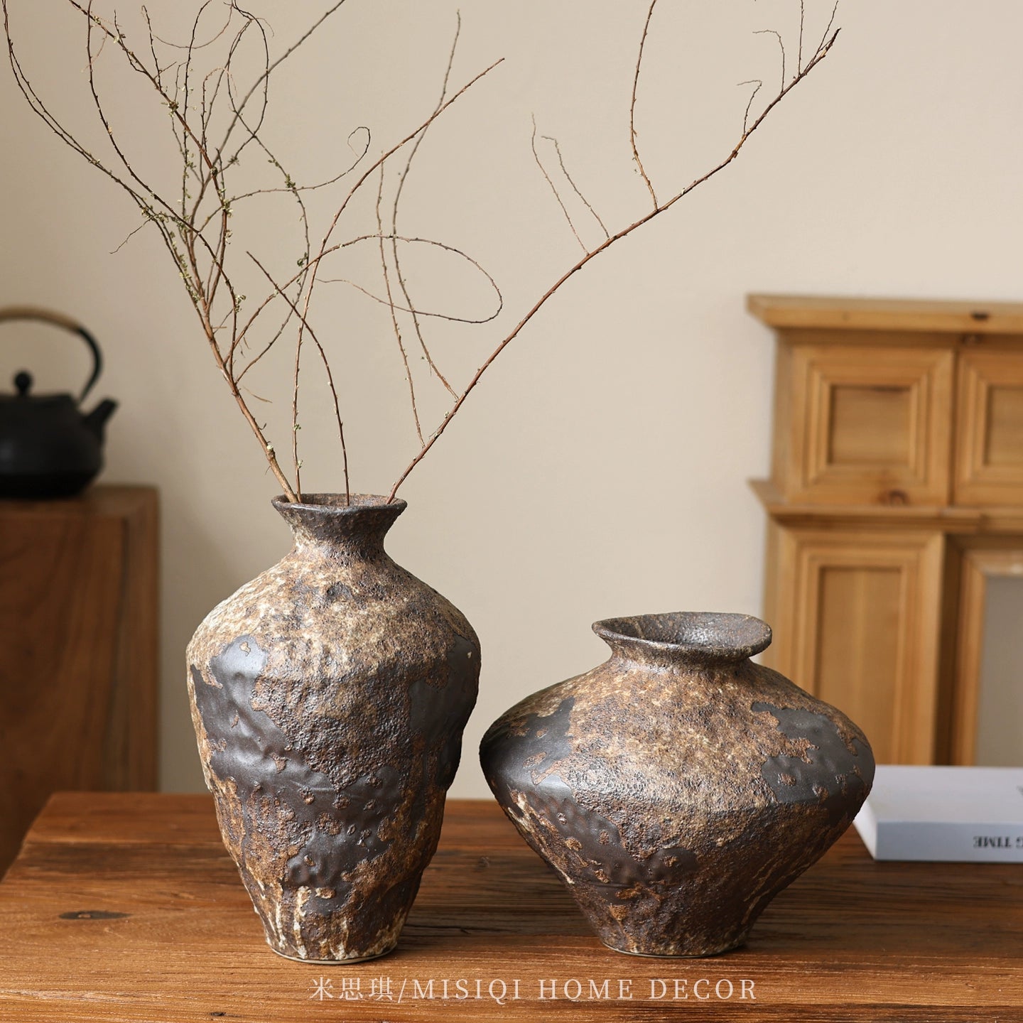 Snowfall Wabi Sabi style ceramic vase Zen retro rough pottery jar