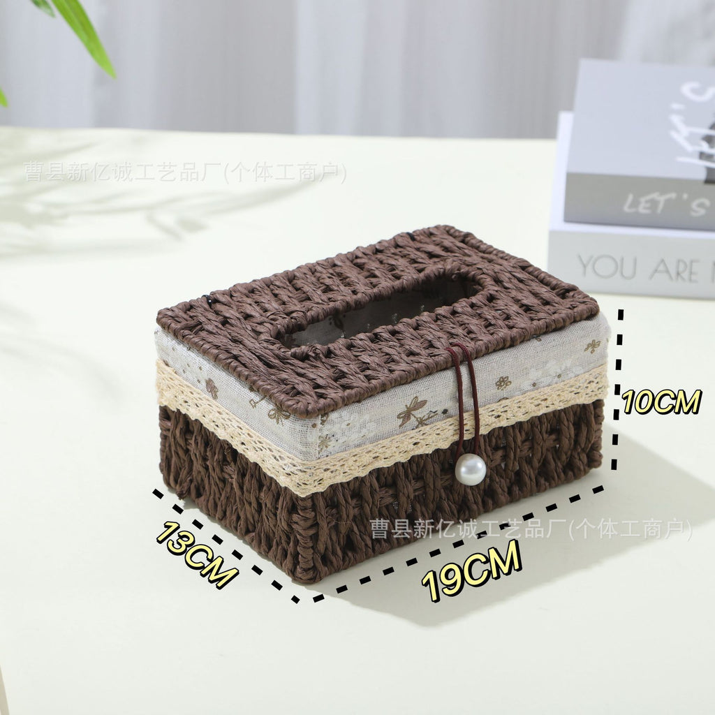 Woven Tissue Box Cover in Natural or Chestnut, Beaded and Button Styles in Medium or Large for Cozy Living Rooms and Desks