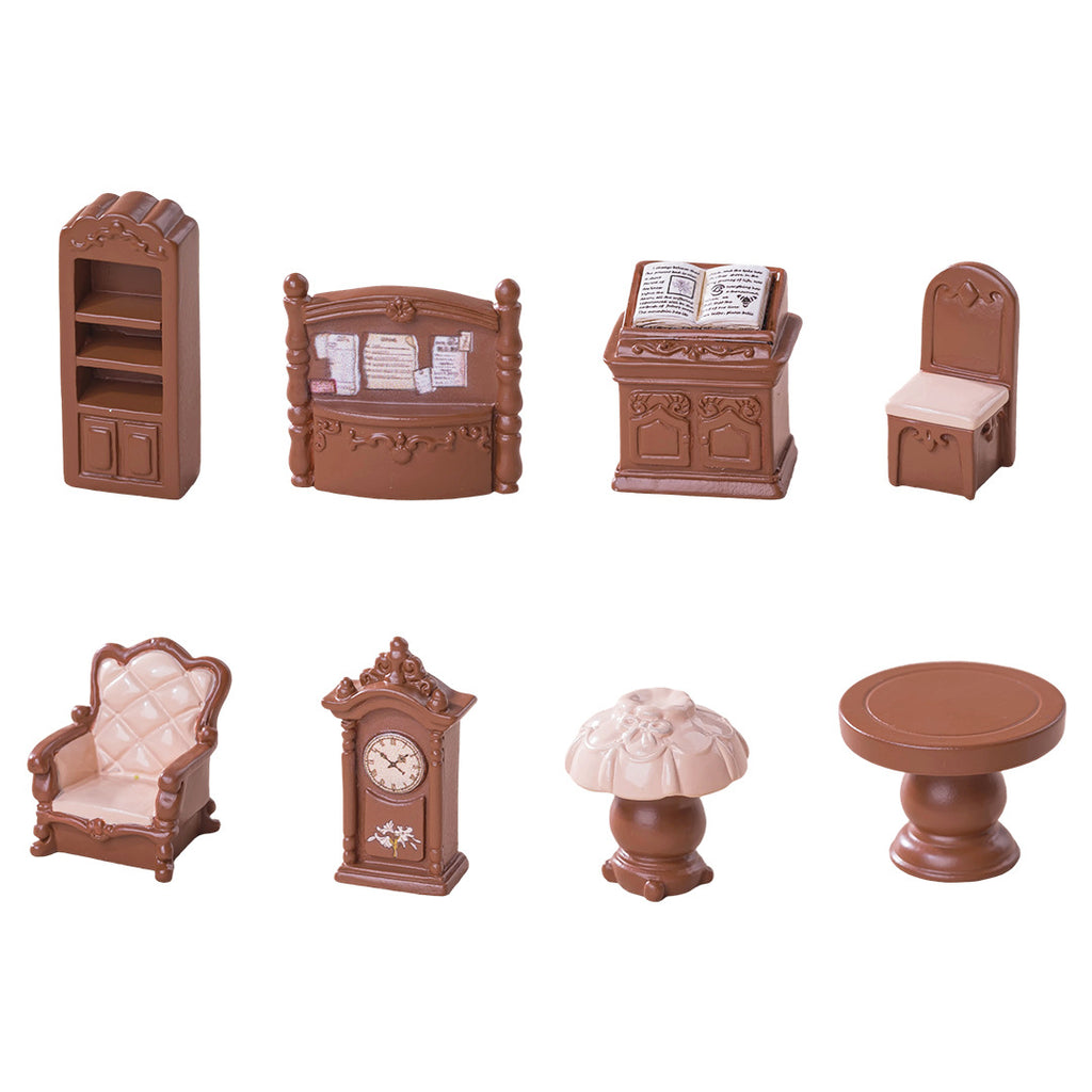Miniature Library Furniture Set of 7, Tiny Bookshelf Sofa Chair and Reading Room Accents for Desk Displays