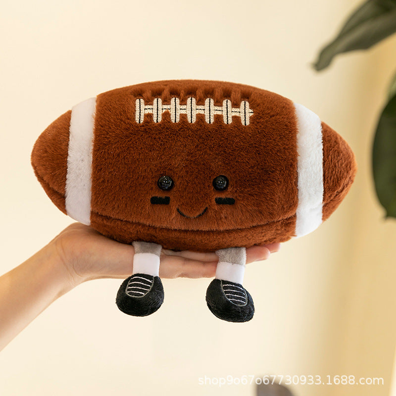 Smiling Sports Ball Plush Toy, 25 cm Soccer, Basketball or Rugby Ball with Dangling Legs for Playful Gifts and Cozy Rooms