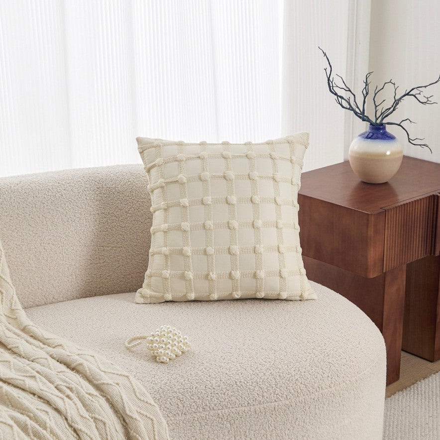 Neutral Tufted Pillow Cover, Textured 45 x 45 cm Cushion Case with Leaf, Wave and Tassel Designs for Cozy Sofas