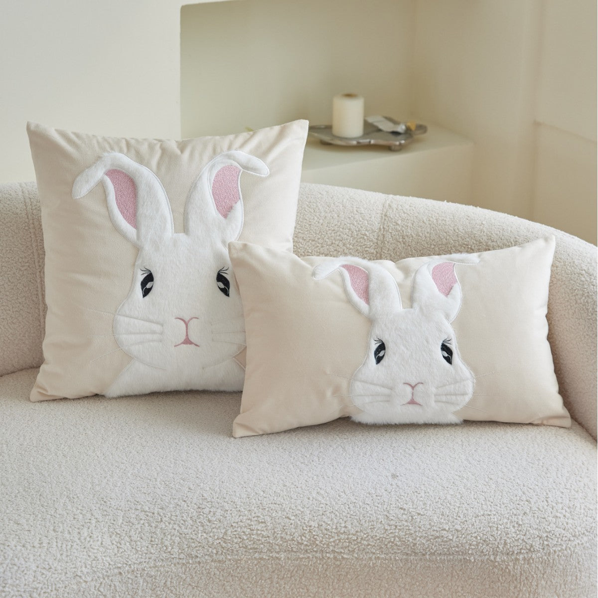 Embroidered Bunny Pillow Cover in Beige, Gray or Pink | Soft Rabbit Cushion Cover for Cozy Sofas, Beds and Nursery Decor