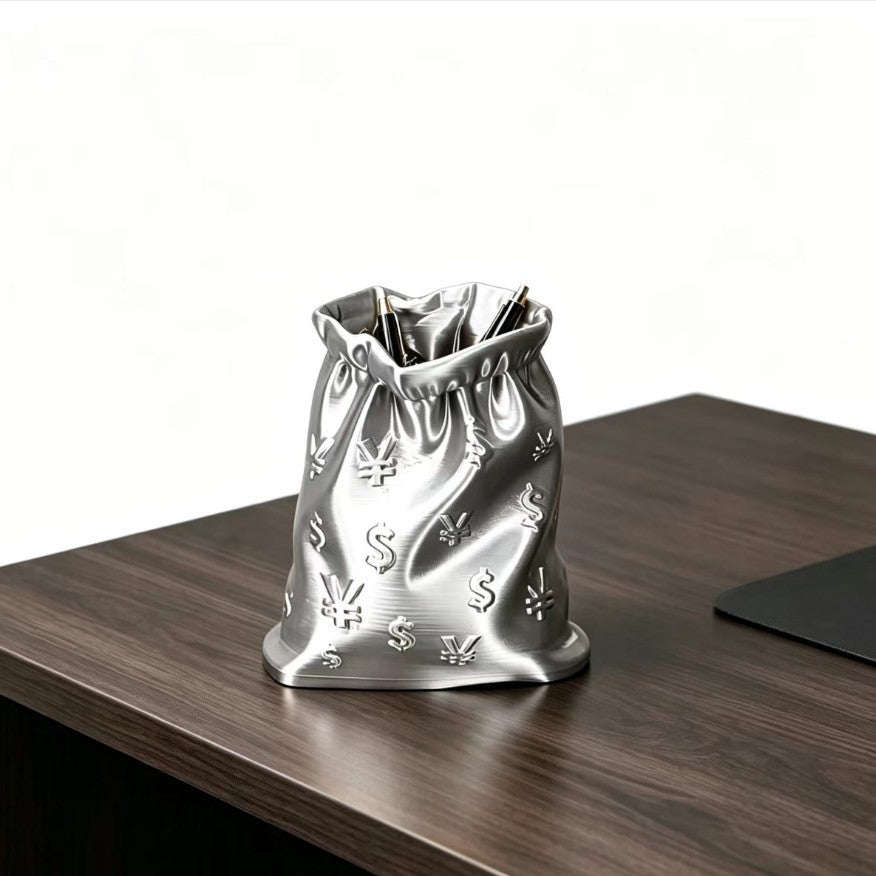 Sculptural Money Bag Pen Holder in Gold or Silver, Large Desk Organizer for Pens, Brushes and Playful Workspaces