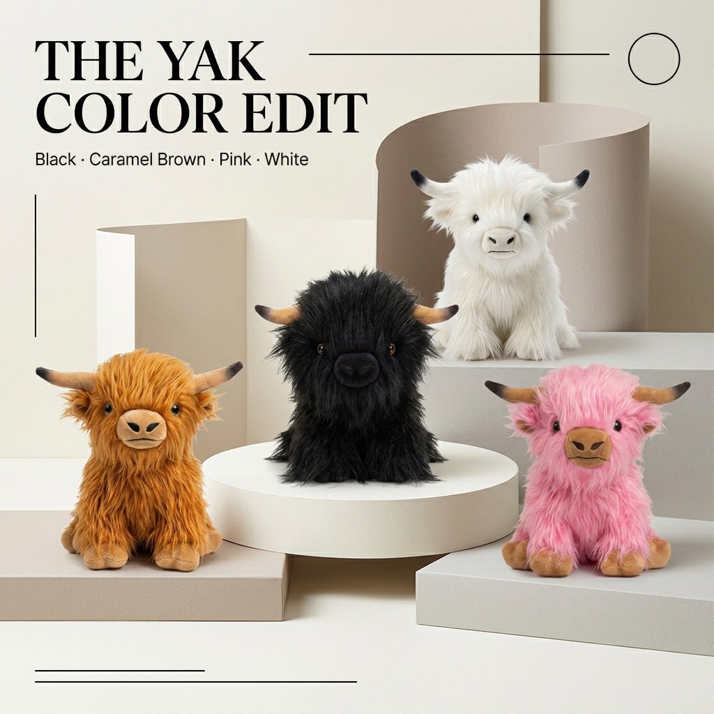 Highland Cow Plush Toy, 25 cm Shaggy Stuffed Animal in Khaki, Black, White or Pink for Cozy Gifts