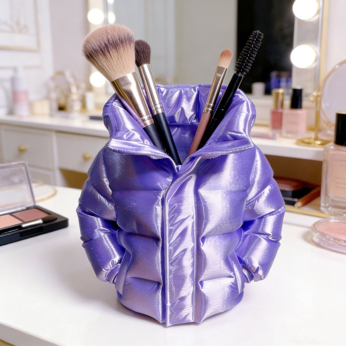Puffer Jacket Pen Holder, Playful Quilted Coat Pencil Cup for Desks in White, Black, Pink, Purple or Blue