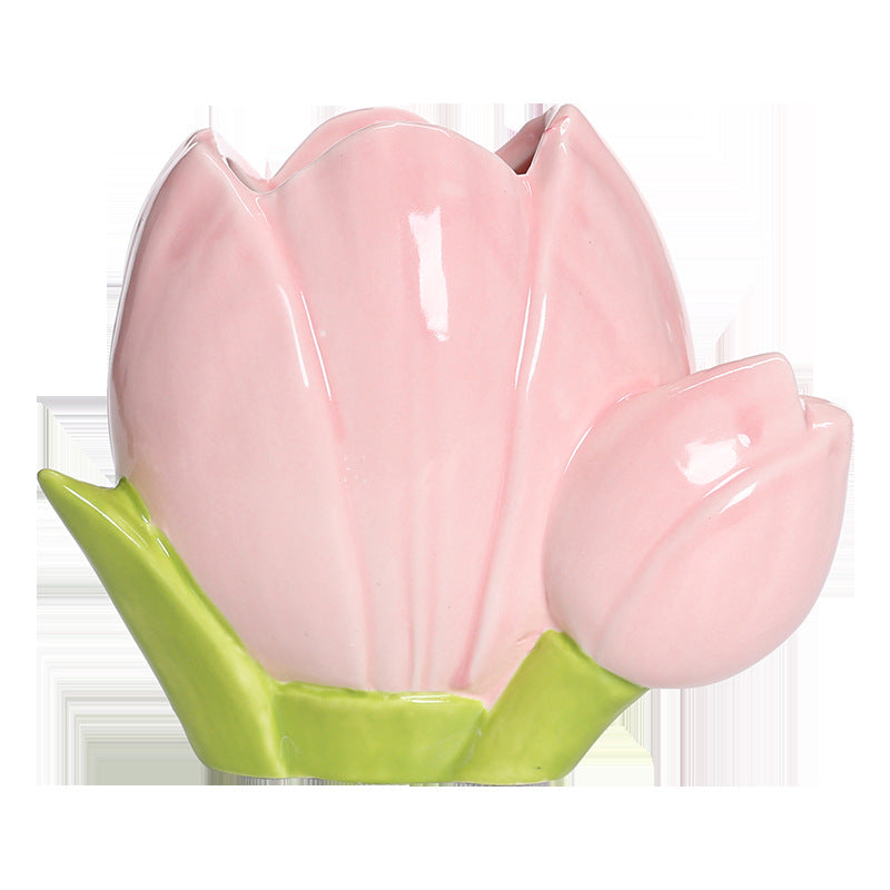 Ceramic Tulip and Flower Pen Holder, Pink or Yellow Floral Desk Cup for Brushes, Pens and Cheerful Workspaces