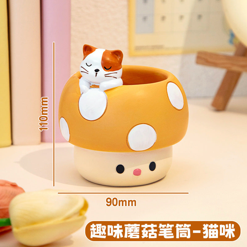 Whimsical Mushroom Pen Holder with Animal Friends, Playful Desktop Pencil Cup for Creative Workspaces, Shelves and Gift Giving