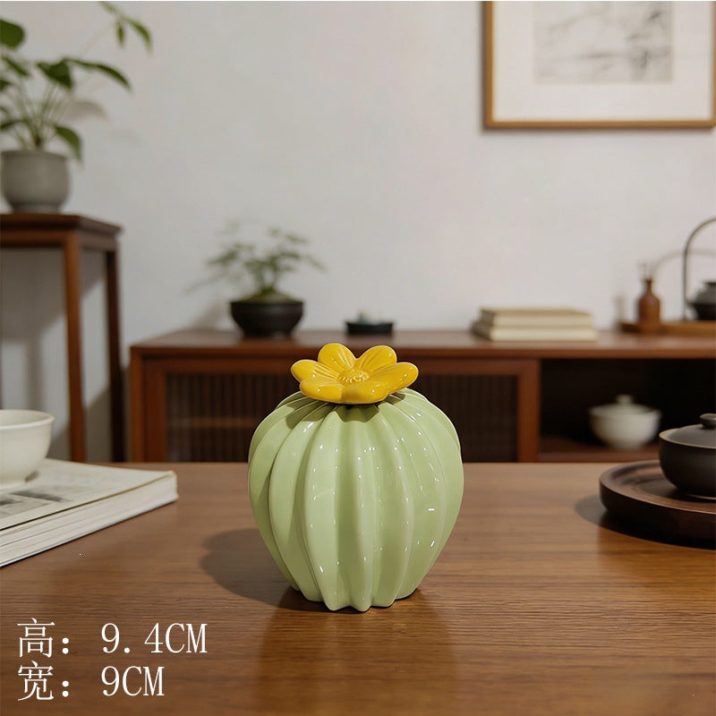 Ceramic Cactus Figurine, Sculptural Green Tabletop Ornament in Three Sizes for Desks, Shelves and Cozy Home Decor