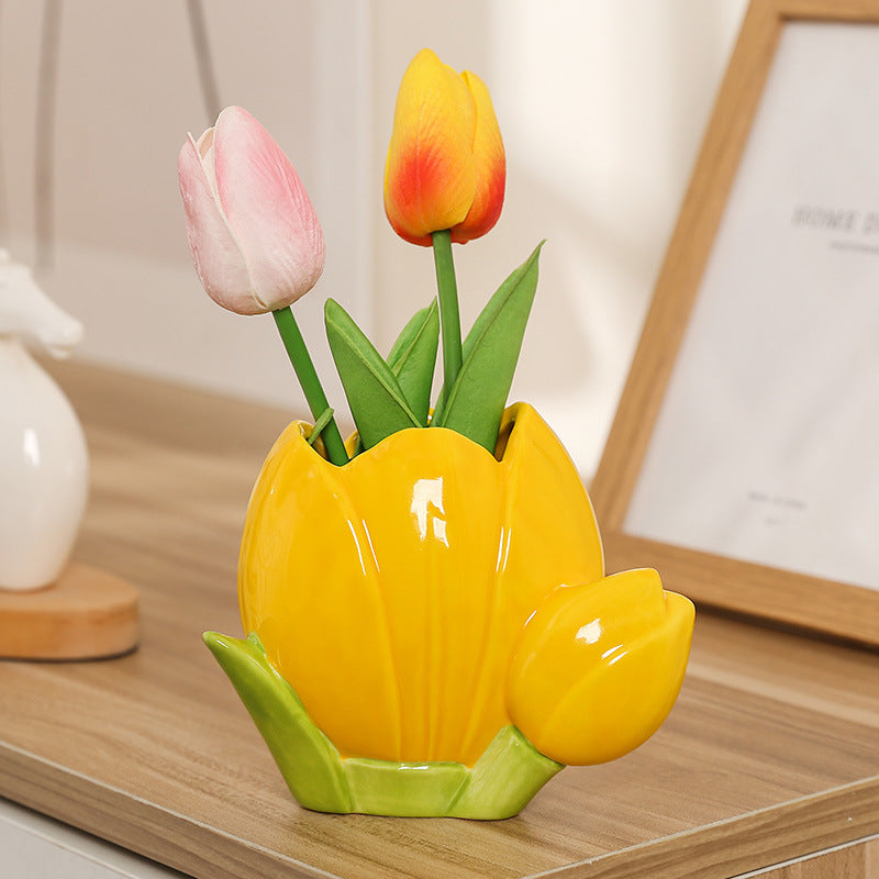 Ceramic Tulip and Flower Pen Holder, Pink or Yellow Floral Desk Cup for Brushes, Pens and Cheerful Workspaces