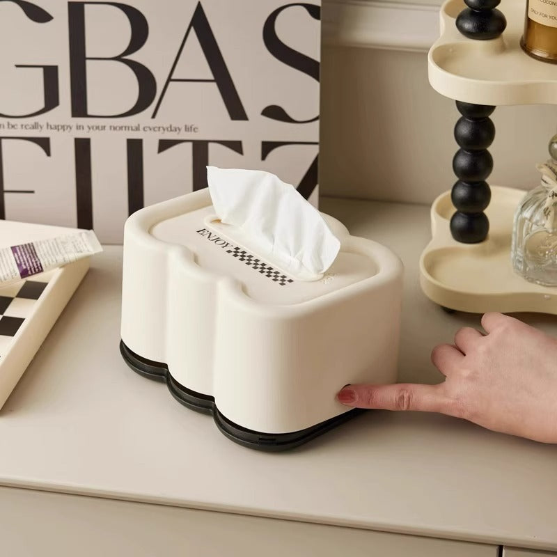 Cream Cloud Tissue Box Cover with Spring-Lift Base, Sculptural Tabletop Tissue Holder in Black or White Base for Living Rooms and Bedrooms