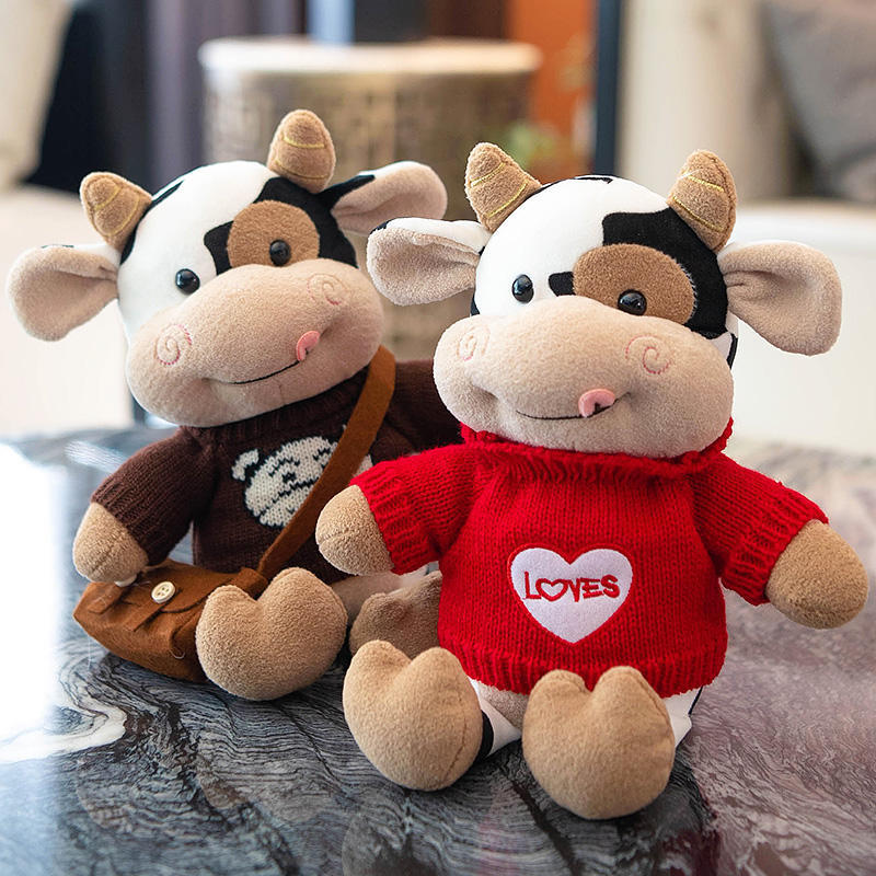 Cozy Cow Plush Toy, 30 cm Black-and-White Calf in Six Outfits for Nursery Shelves and Animal Lover Gifts