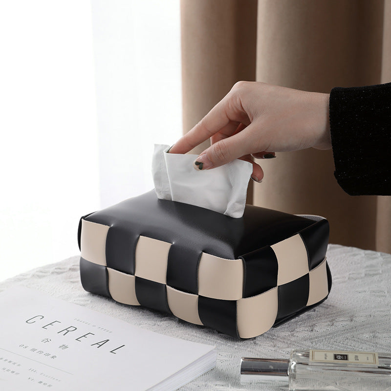 Woven-Look Tissue Box Cover, Soft Sculptural Tabletop Tissue Holder in Black Check, Beige Check, Milk Tea or Gray for Modern Living Rooms