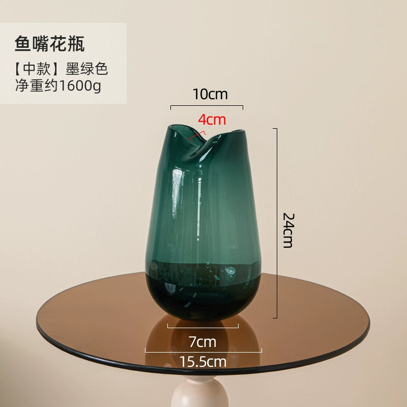 Blue handmade transparent fish mouth glass vase