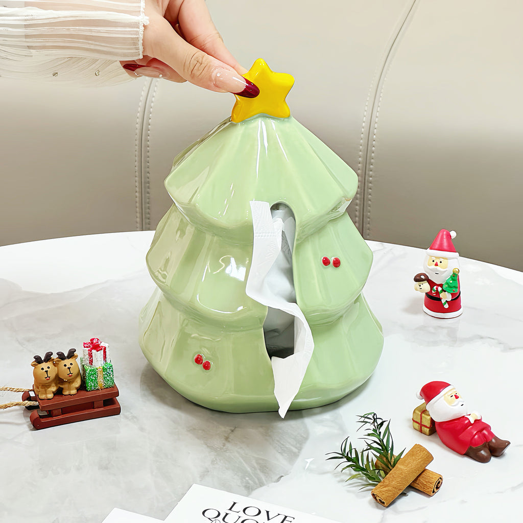 Christmas Tree Tissue Box Cover, Whimsical Green Holiday Tabletop Holder for Living Rooms and Festive Home Decor