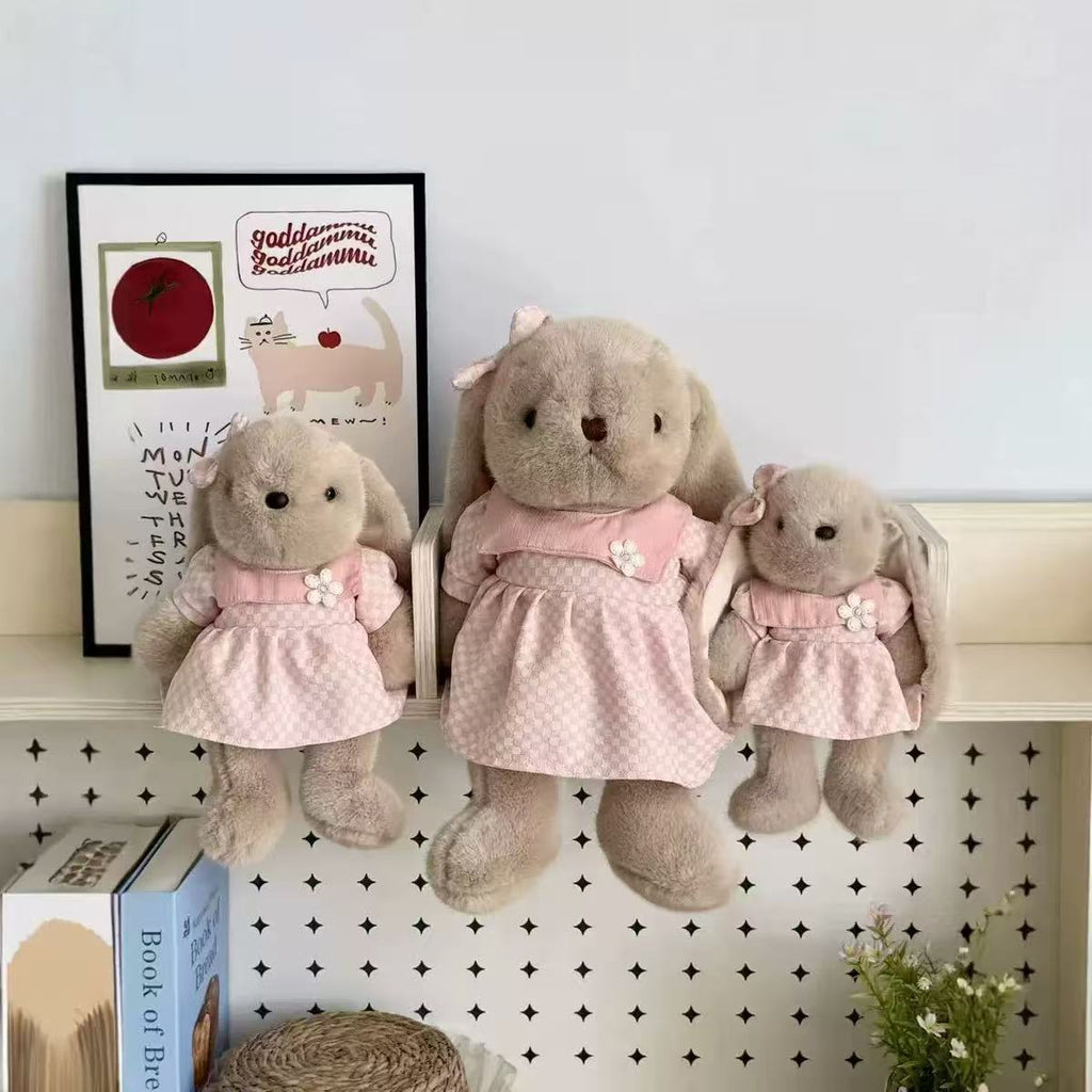 Dress-Up Bunny Plush Toy, 25 or 30 cm Soft Rabbit in Pink Dress, Blue Checks or Playful Overalls for Cozy Gifts
