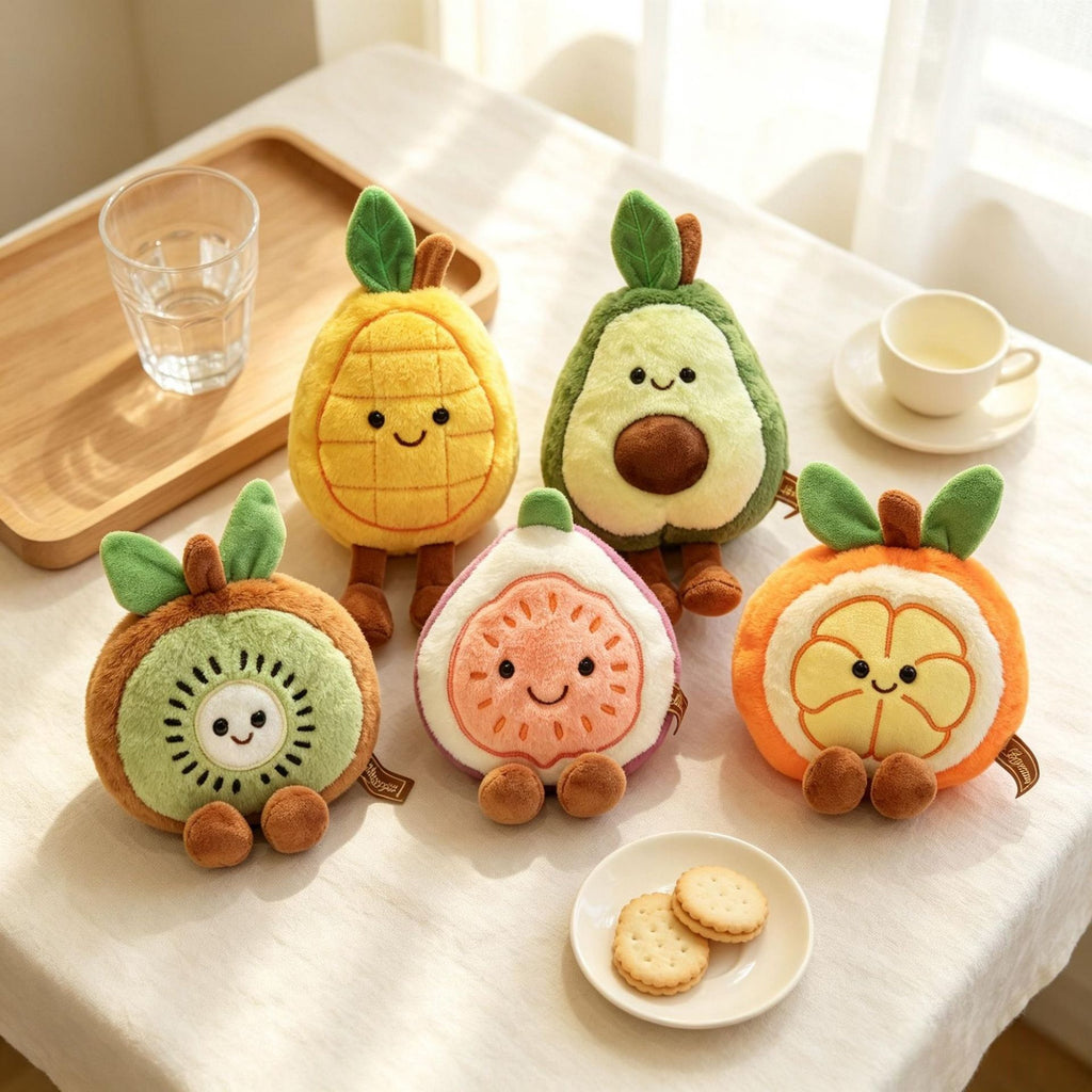 Smiling Fruit Plush Toy, 15 cm Mini Mangosteen Avocado Orange Mango Kiwi or Fig for Cozy Desks and Gifts