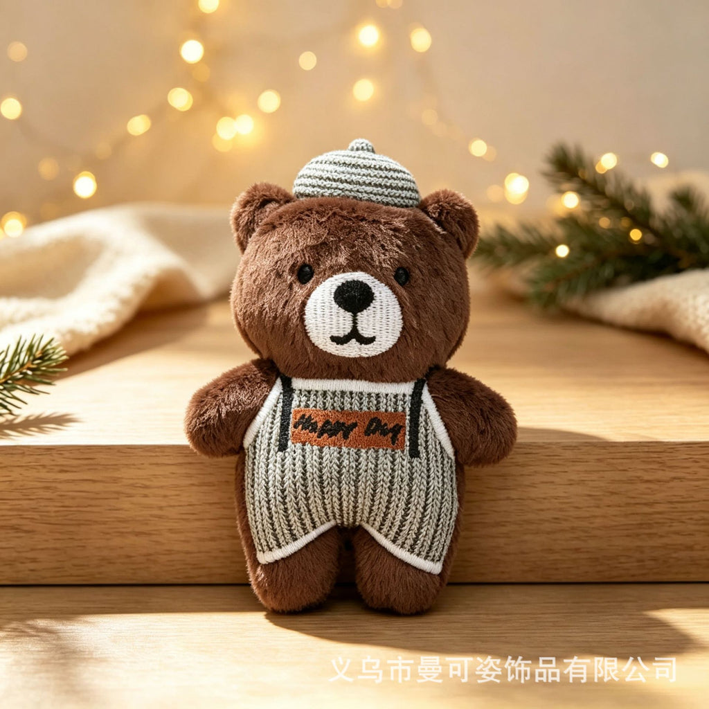 Mini Overall Bear Plush Charm, Brown Yellow or White Teddy with Cap and Optional Bag Attachment for Cozy Gifts