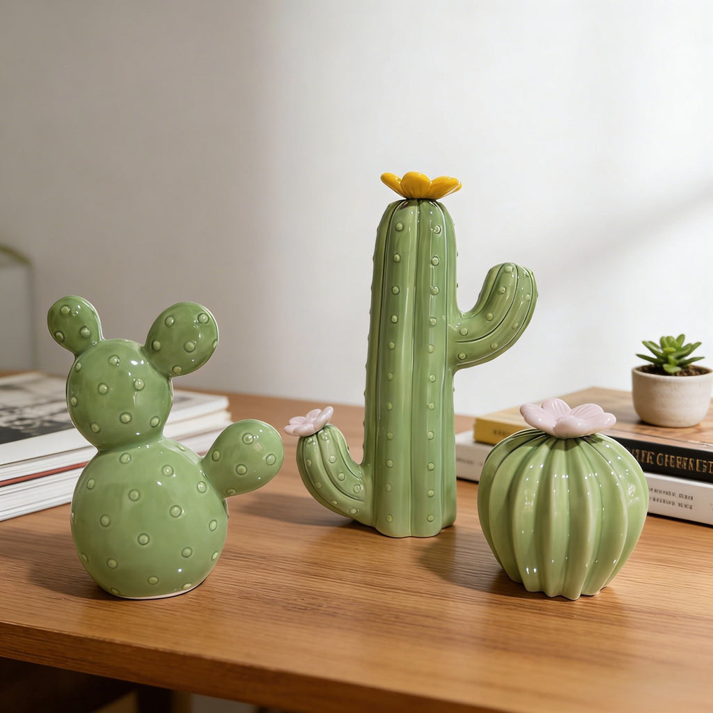 Ceramic Cactus Figurine, Sculptural Green Tabletop Ornament in Three Sizes for Desks, Shelves and Cozy Home Decor