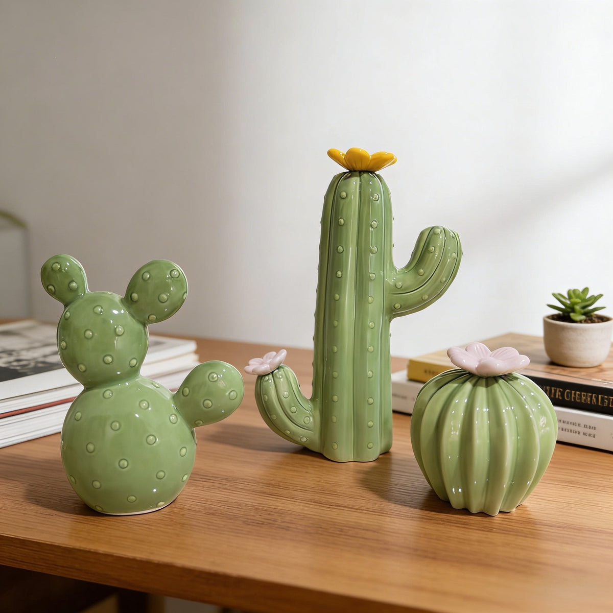 Ceramic Cactus Figurine, Sculptural Green Tabletop Ornament in Three Sizes for Desks, Shelves and Cozy Home Decor