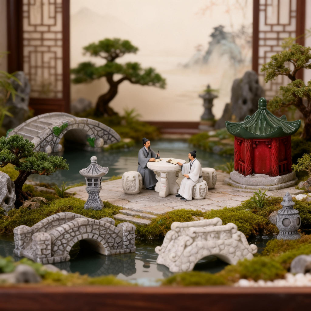 Miniature Garden Bridge and Pavilion Set of 11, Tiny Stone Lantern Bridges and Courtyard Accents for Desk Displays