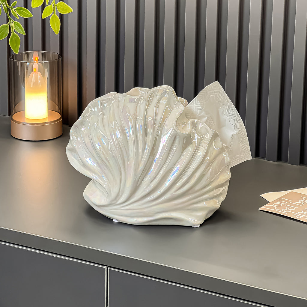 Sculptural Shell Tissue Box Cover, Ceramic-Inspired Seashell Tabletop Holder in Cream, Black or Iridescent for Elegant Home Decor