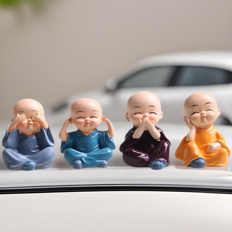 Four Little Monk Car Accent Figurines, Resin Dashboard Decor Set for Peaceful Daily Drives and Thoughtful Gifts
