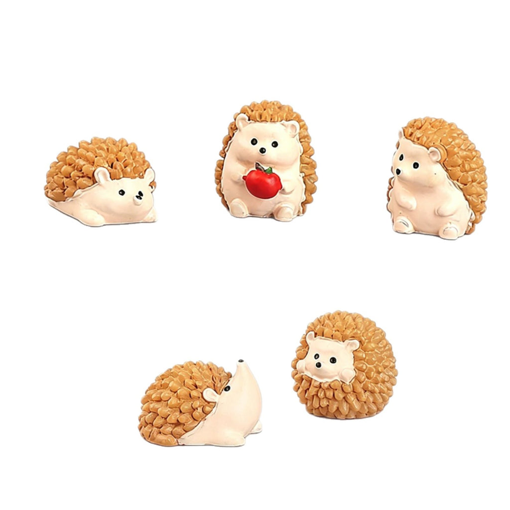 Tiny Hedgehog Miniatures, Complete 5 Piece Expressive Animal Figurine Set for Fairy Gardens, Desks and Woodland Displays