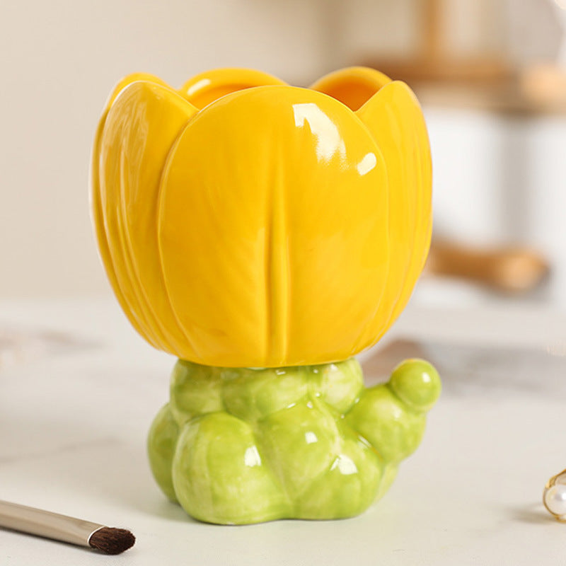Ceramic Tulip and Flower Pen Holder, Pink or Yellow Floral Desk Cup for Brushes, Pens and Cheerful Workspaces