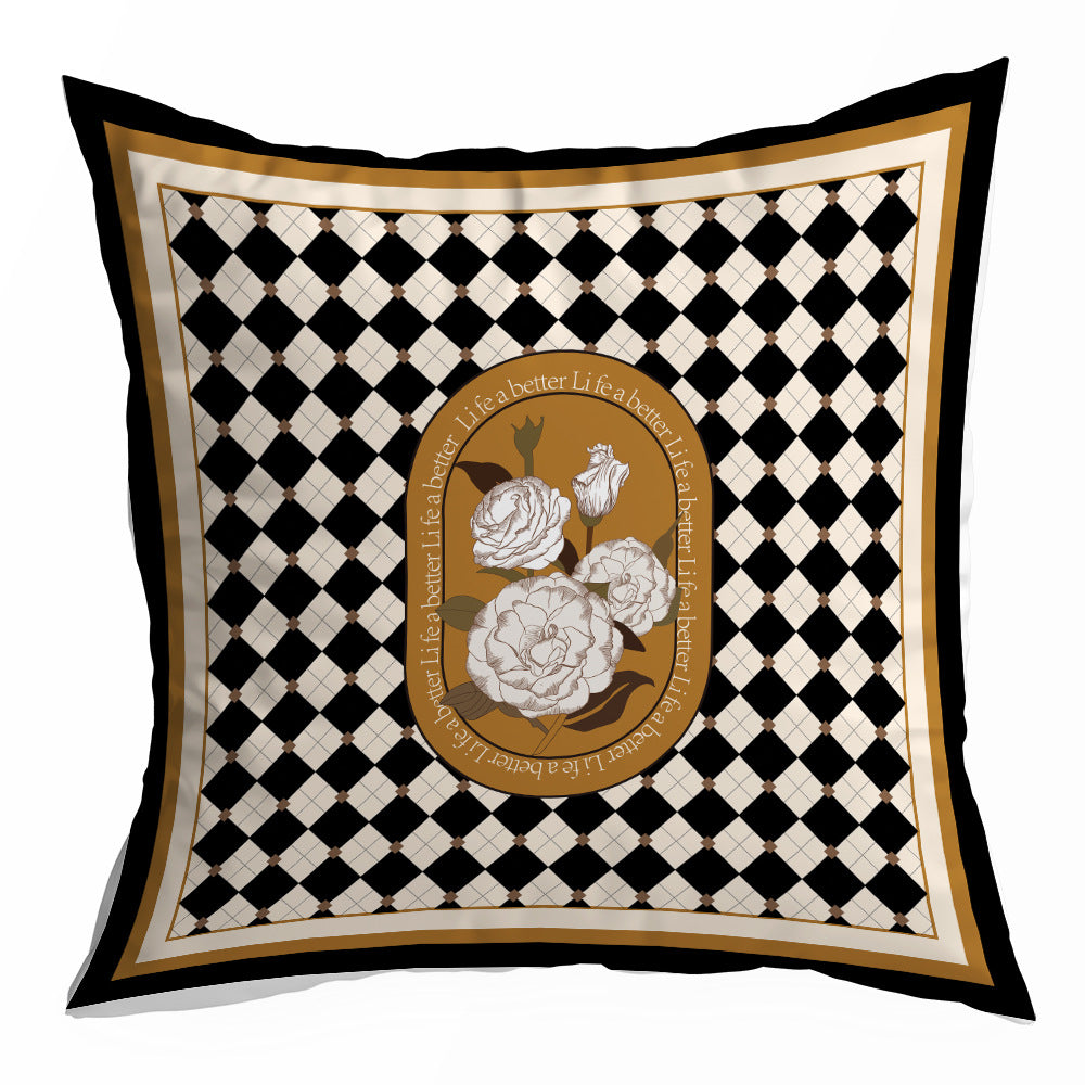 Black and Cream Decorative Pillow Cover, Retro Floral and Geometric Prints, 45 x 45 cm Sofa Cushion Cover