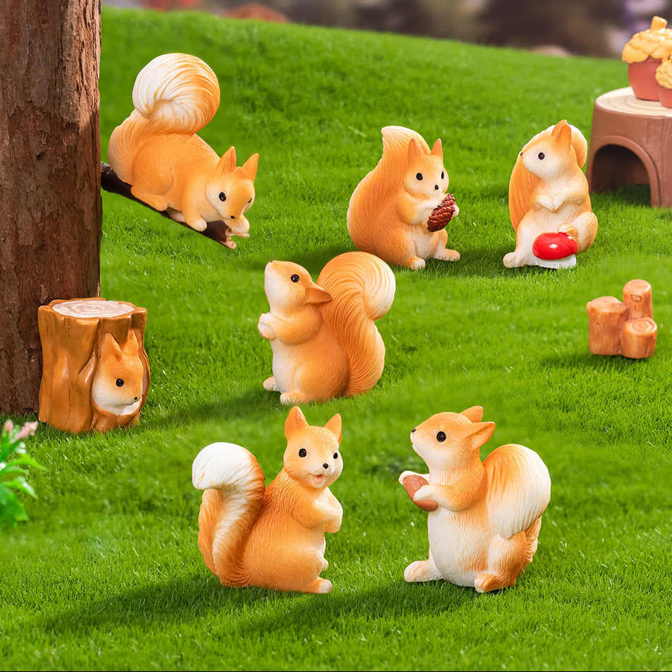 Mini Squirrel Figurine Set of 7, Woodland Animal Micro Ornaments for Desk Displays, Tiny Garden Scenes and Gift Giving