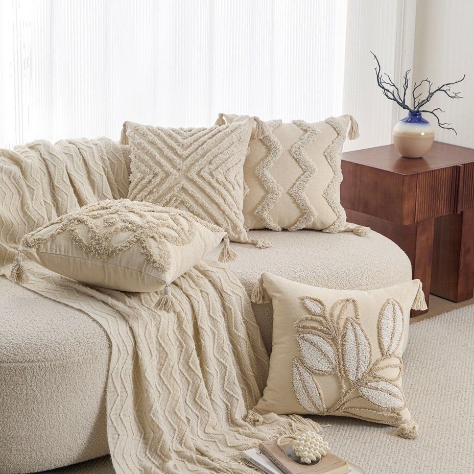 Neutral Tufted Pillow Cover, Textured 45 x 45 cm Cushion Case with Leaf, Wave and Tassel Designs for Cozy Sofas