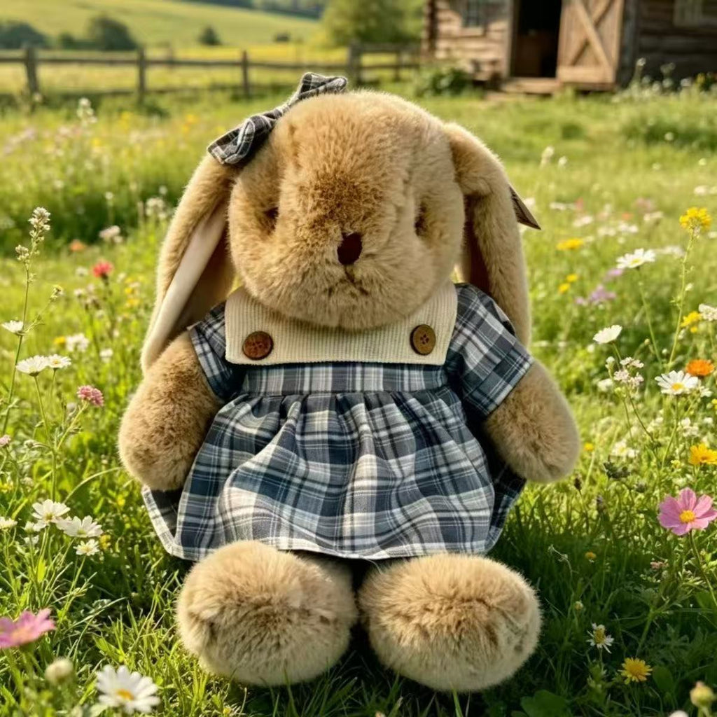 Dress-Up Bunny Plush Toy, 25 or 30 cm Soft Rabbit in Pink Dress, Blue Checks or Playful Overalls for Cozy Gifts