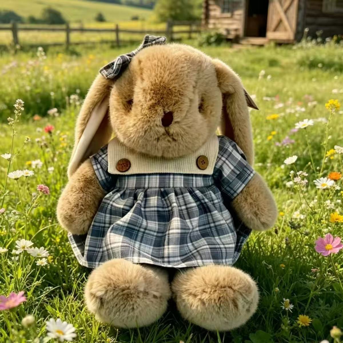 Dress-Up Bunny Plush Toy, 25 or 30 cm Soft Rabbit in Pink Dress, Blue Checks or Playful Overalls for Cozy Gifts