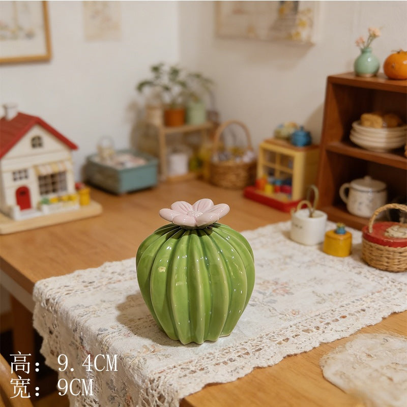 Ceramic Cactus Figurine, Sculptural Green Tabletop Ornament in Three Sizes for Desks, Shelves and Cozy Home Decor