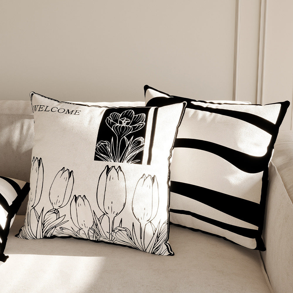 Black and White Botanical & Stripe Pillow Covers, Double-Sided Printed Decorative Cushion Covers for Sofas, Bedrooms and Cozy Living Rooms