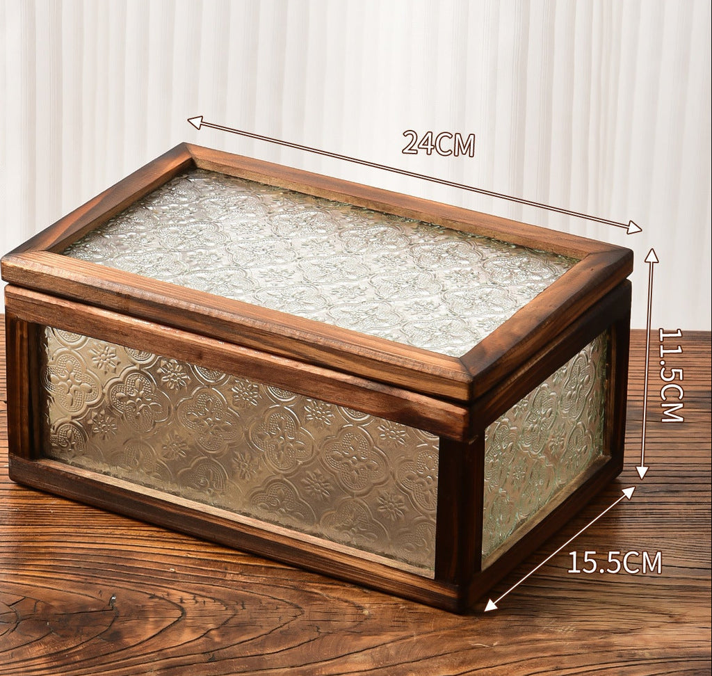 Floral Glass and Wood Desk Organizer, Vintage-Inspired Pen Holder or Lidded Keepsake Box for Home Offices and Creative Spaces