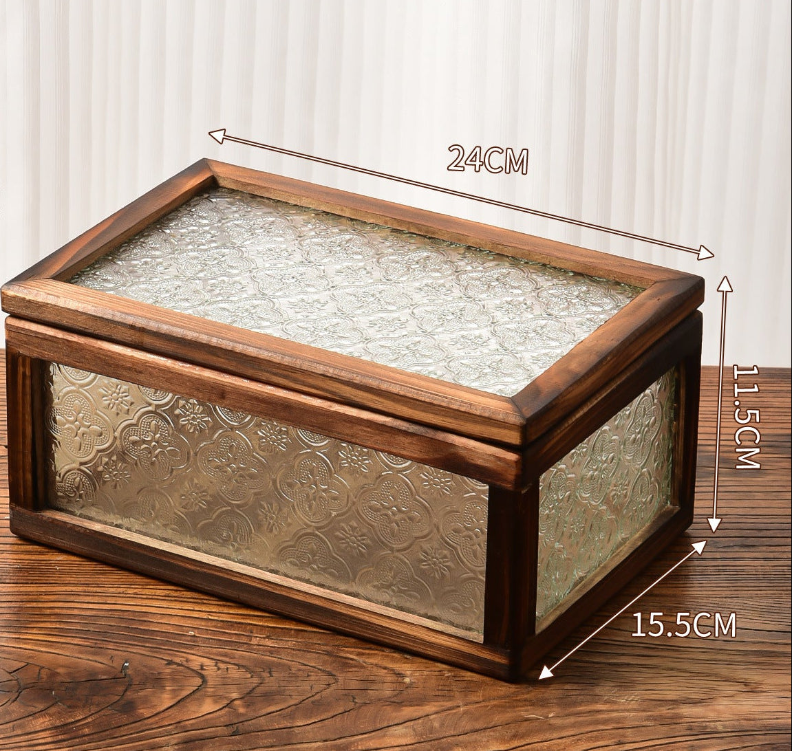Floral Glass and Wood Desk Organizer, Vintage-Inspired Pen Holder or Lidded Keepsake Box for Home Offices and Creative Spaces