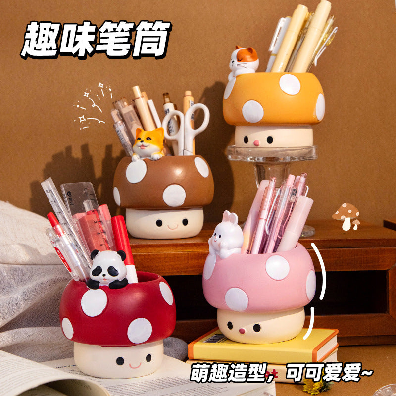 Whimsical Mushroom Pen Holder with Animal Friends, Playful Desktop Pencil Cup for Creative Workspaces, Shelves and Gift Giving