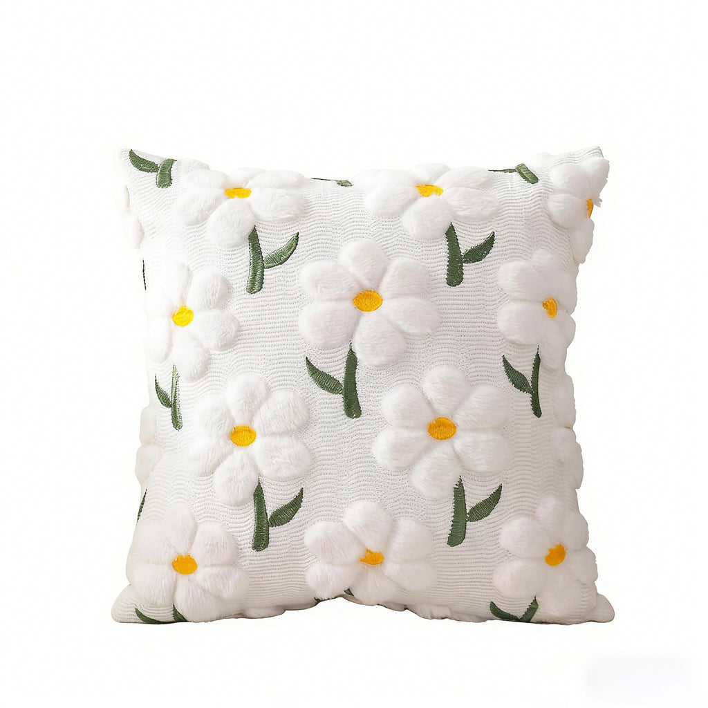 Raised Daisy Embroidered Pillow Cover, 18 x 18 Inch Floral Cushion Case for Cozy Sofas, Bedrooms and Spring Home Decor