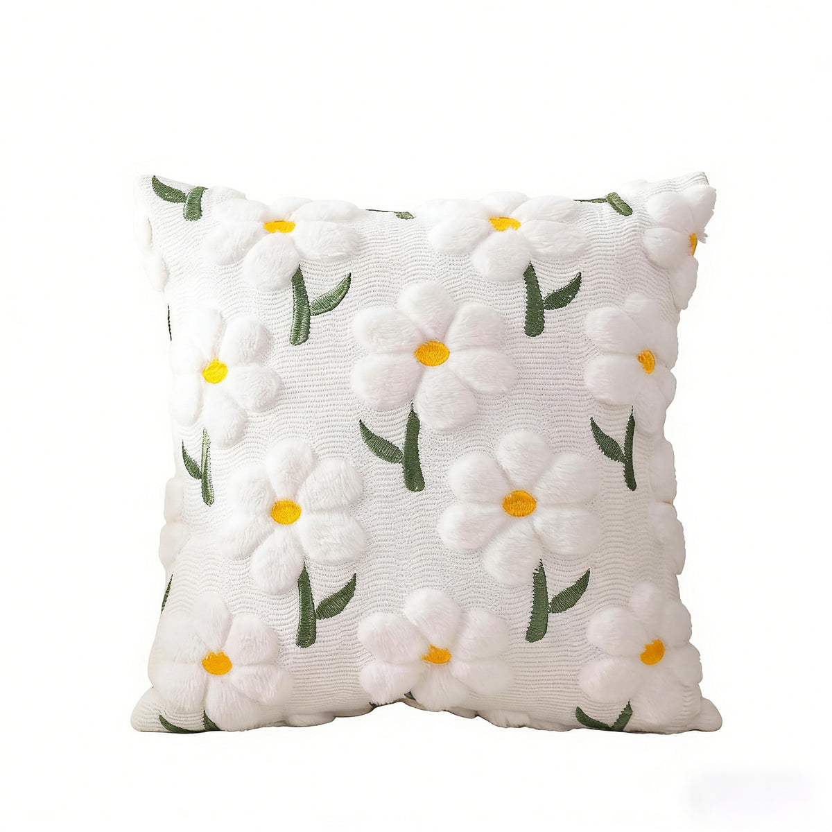 Raised Daisy Embroidered Pillow Cover, 18 x 18 Inch Floral Cushion Case for Cozy Sofas, Bedrooms and Spring Home Decor