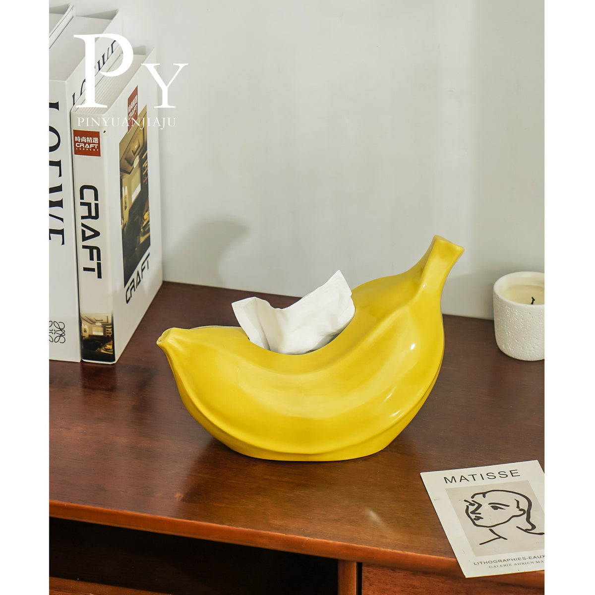 Playful Banana Tissue Box Cover, Sculptural Fruit-Shaped Tissue Holder in Original Yellow, Glossy Yellow or Blue for Modern Tables